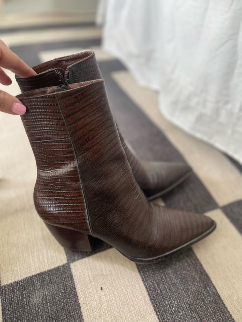 Matisse Dark Brown Croc-Embossed Pointed Ankle Boot - Picture 2 of 6